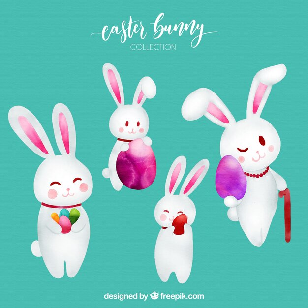 Colección de lindos conejos de pascua de acuarela