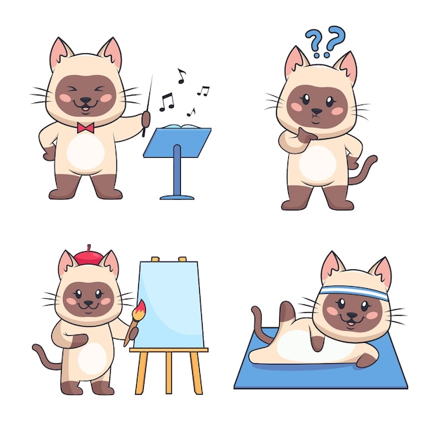 Vector gratuito colección de lindos gatos dibujados a mano que realizan entrenamiento de pintura haciendo preguntas