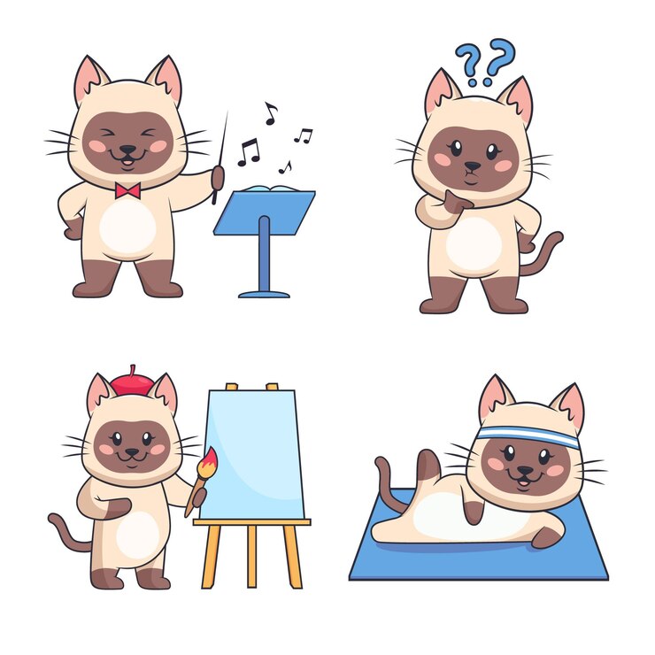 Vector gratuito colección de lindos gatos dibujados a mano que realizan entrenamiento de pintura haciendo preguntas