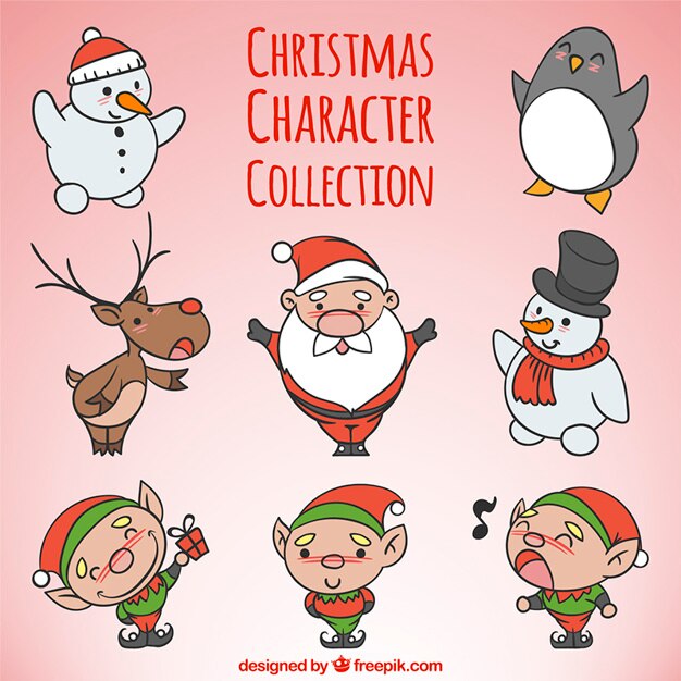 Colección de lindos personajes de navidad dibujados a mano