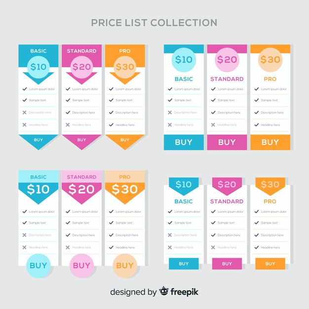 Colección de lista de precios en diseño plano