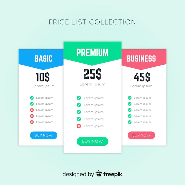 Colección de listas de precios en diseño plano