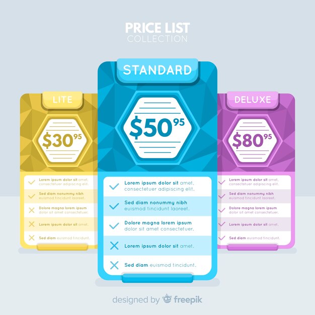Colección de listas de precios diseño plano