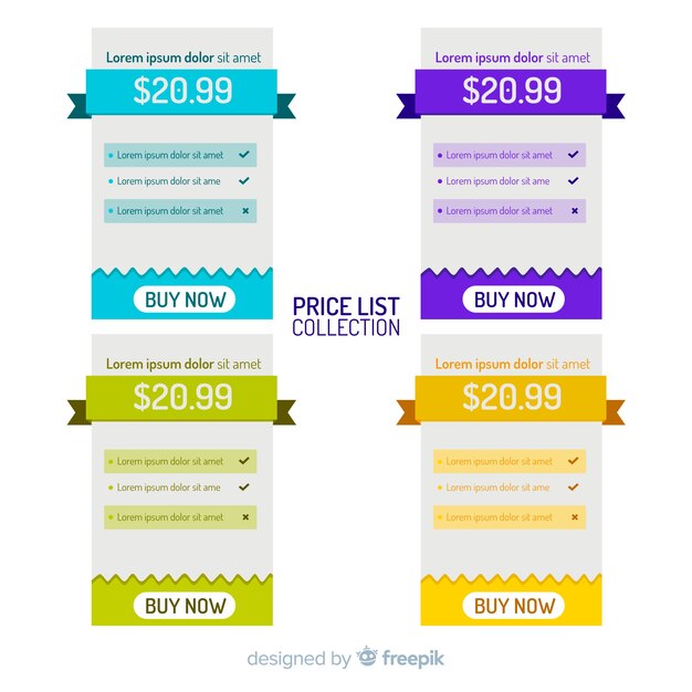 Colección de listas de precios diseño plano