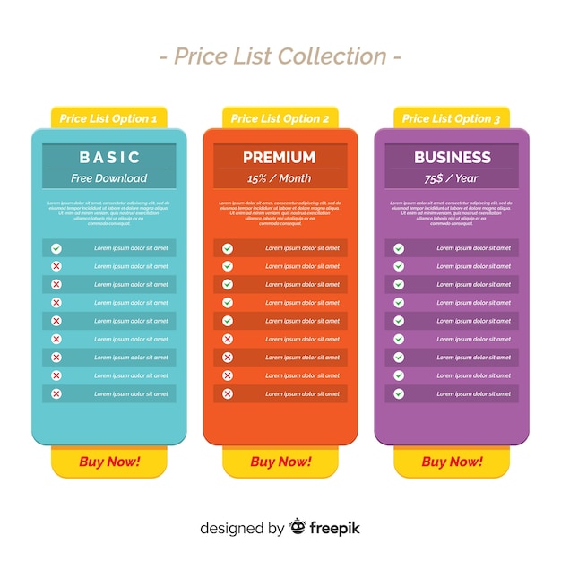 Colección de listas de precios diseño plano
