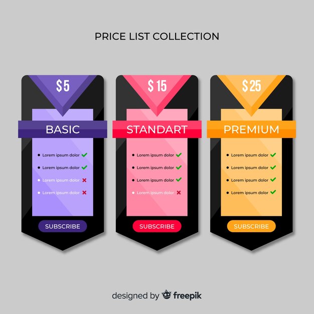 Colección de listas de precios diseño plano