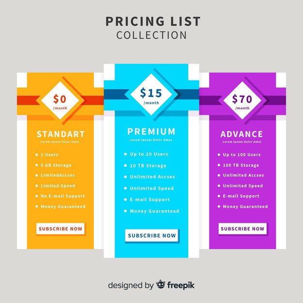 Colección de listas de precios diseño plano