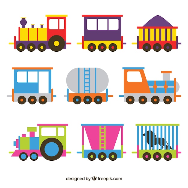 Colección de locomotoras coloridas con vagones