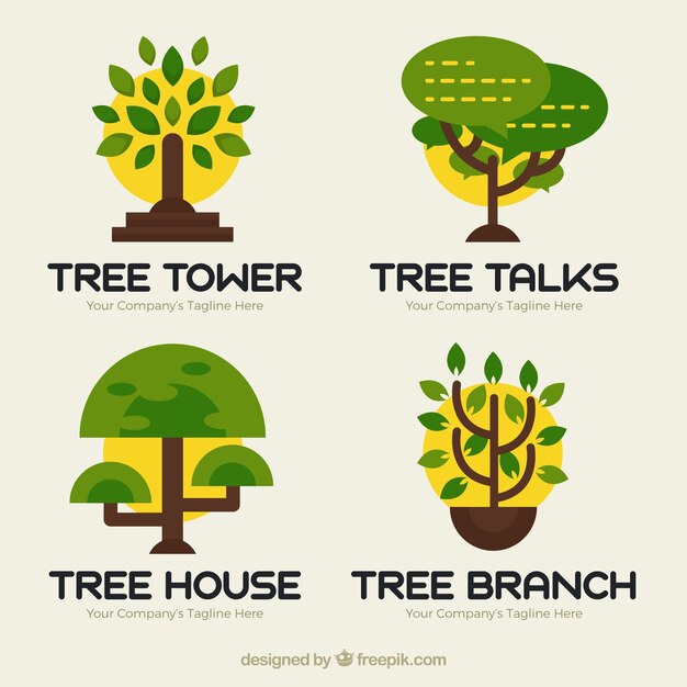 Colección de logos de árbol en estilo plano
