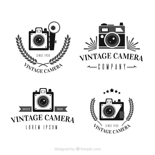Colección de logos de cámara vintage en blanco y negro