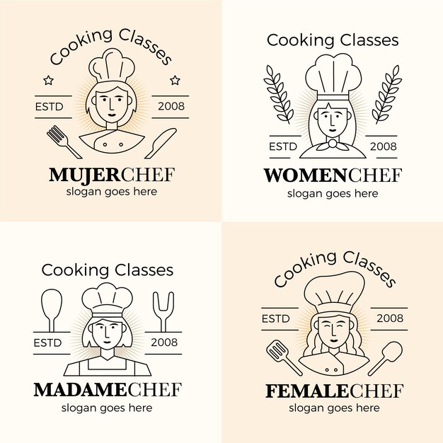 Colección de logos de chef femenina plana lineal