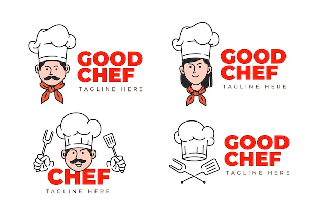 Colección de logos de chef plano lineal