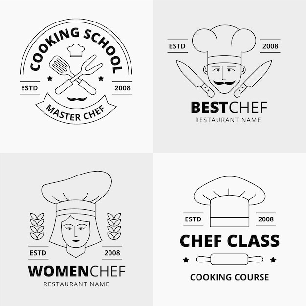 Colección de logos de chef planos lineales