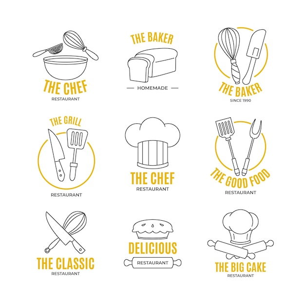 Colección de logos de chef planos lineales