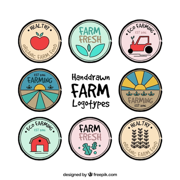 Vector gratuito colección de logos de granja de colores dibujados a mano