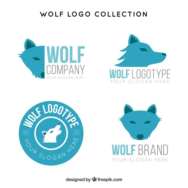 Colección de logos de lobo de diseño plano azul