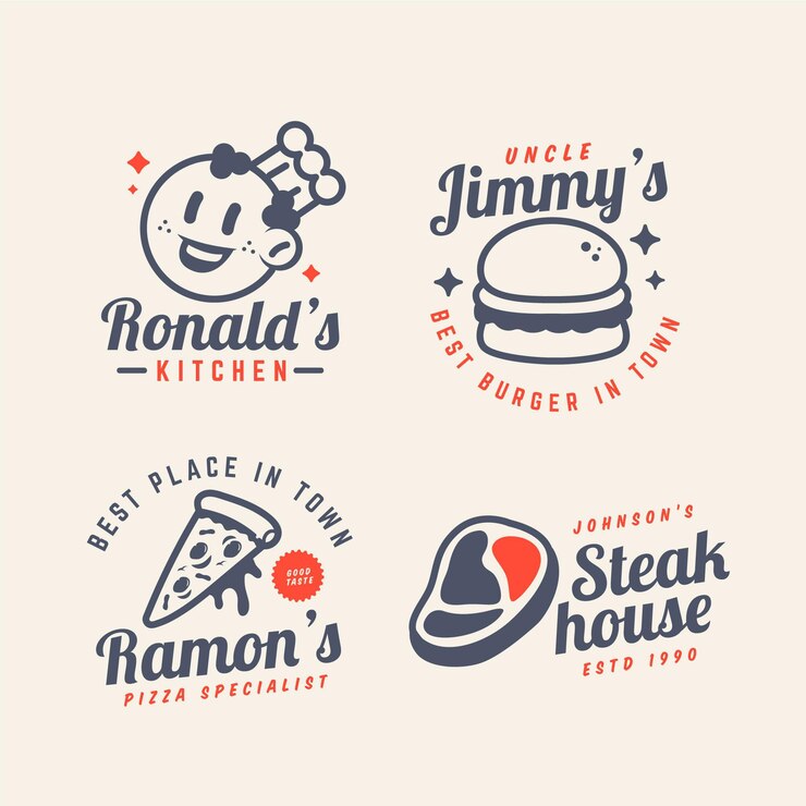 Vector gratuito colección de logos de restaurante de dibujos animados retro