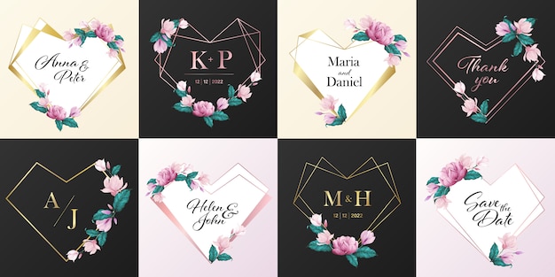 Colección de logotipo de monograma de boda. marco de corazón decorado con flores en estilo acuarela para el diseño de la tarjeta de invitación.