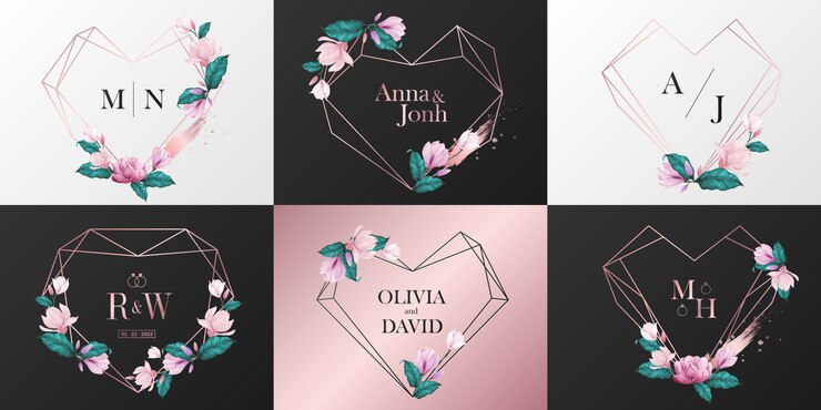 Colección de logotipo de monograma de boda. Marco de corazón de oro rosa decorado con flores en estilo acuarela