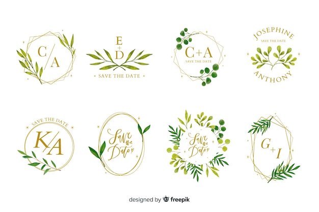 Vector gratuito colección de logotipos de cuadros de boda en acuarela