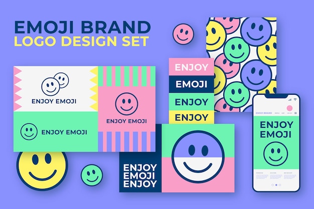 Vector gratuito colección de logotipos de emoji coloridos y paquete de papelería