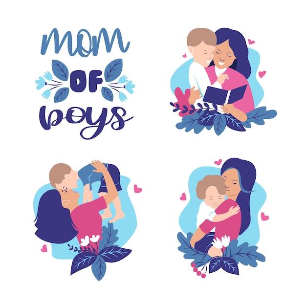 Vector gratuito la colección madres e hijo abrazándose enamorados con frase de letras.