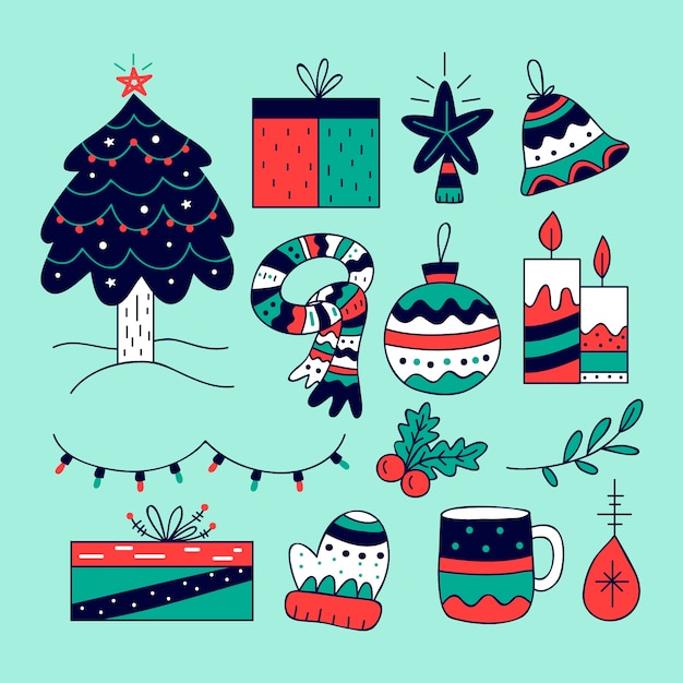 Colección a mano de elementos de navidad