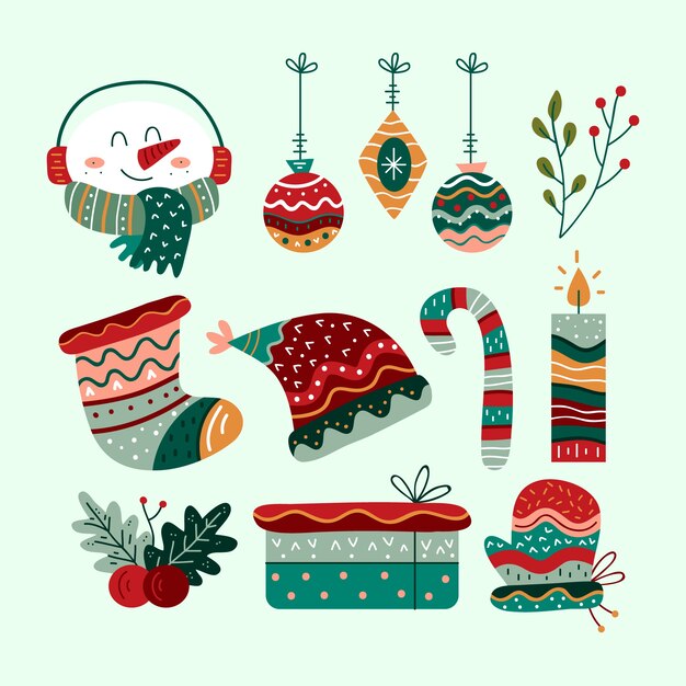 Colección a mano de elementos de navidad