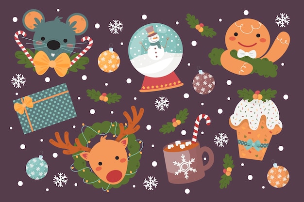 Colección a mano de elementos de navidad