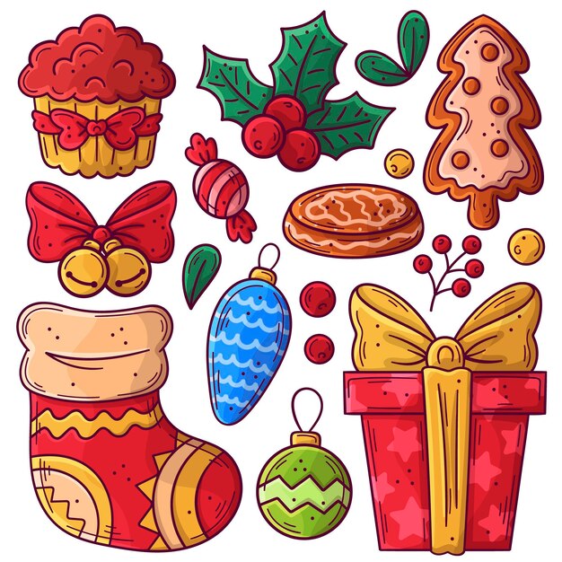 Colección a mano de elementos de navidad