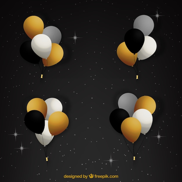 Vector gratuito colección de manojo de globos en dorado blanco y negro