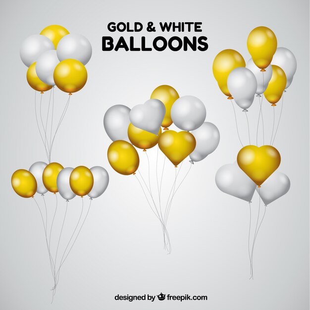 Colección de manojo de globos en dorado y blanco