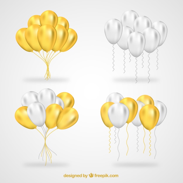 Colección de manojo de globos en dorado y blanco