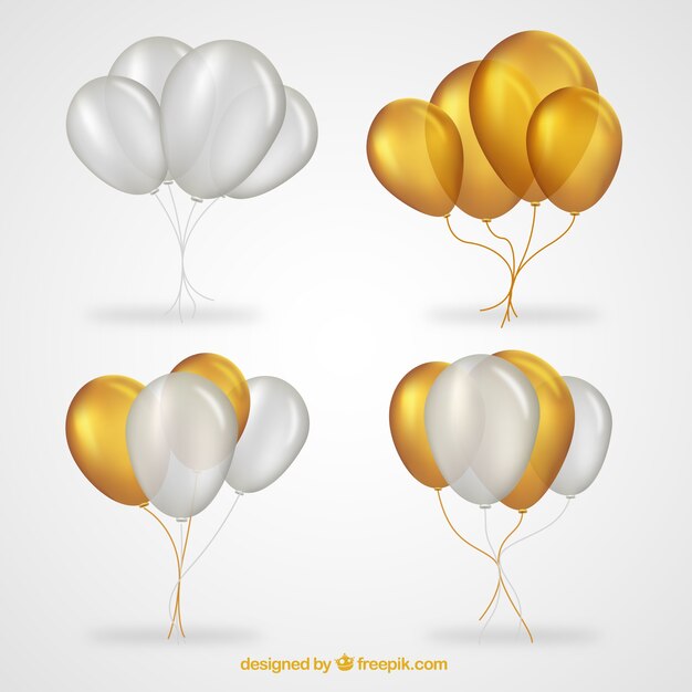 Colección de manojo de globos en dorado y blanco