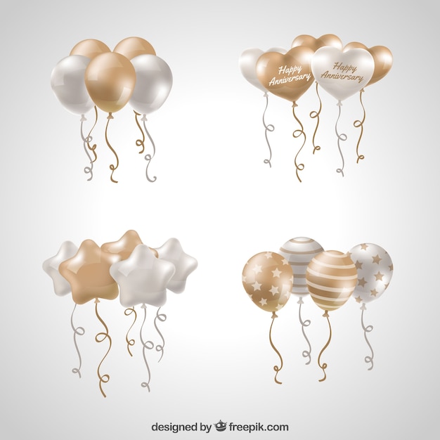 Vector gratuito colección de manojo de globos en dorado y blanco