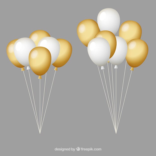 Colección de manojo de globos en dorado y blanco