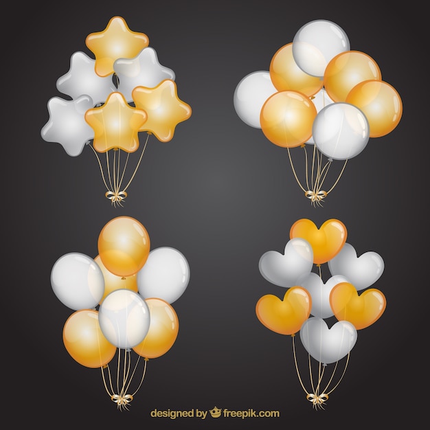 Colección de manojo de globos en dorado y blanco