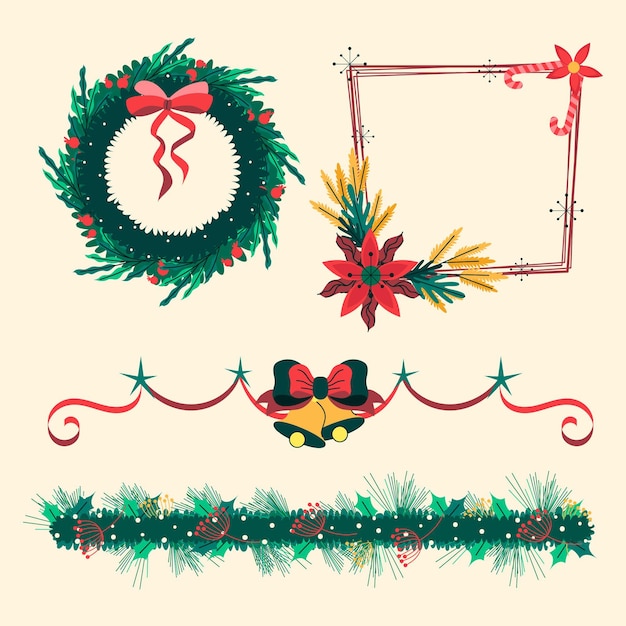 Colección marcos y bordes navideños planos dibujados a mano