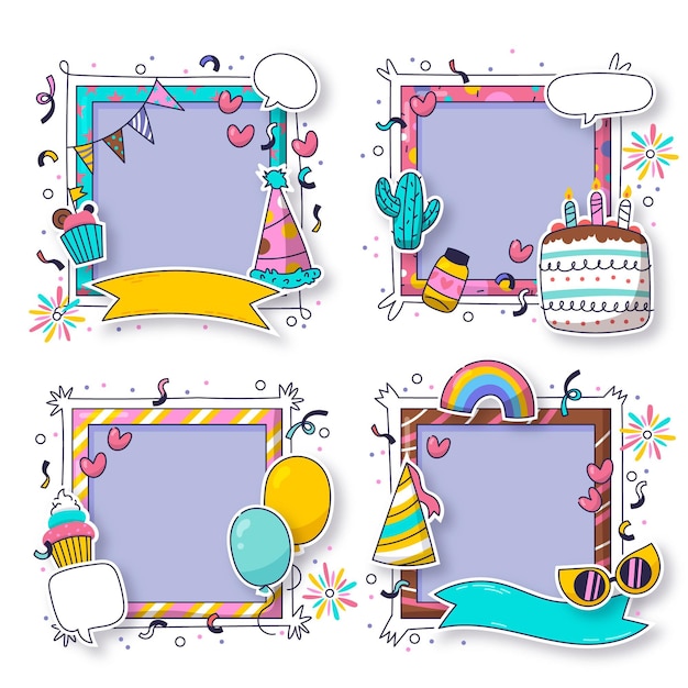 Colección de marcos de collage de cumpleaños dibujados