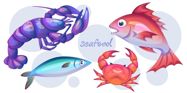 Colección de mariscos brillantes langosta pescado cangrejo