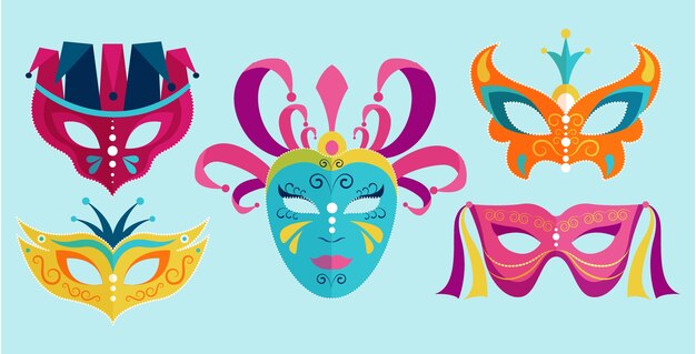 Colección de máscaras de carnaval de venecia planas