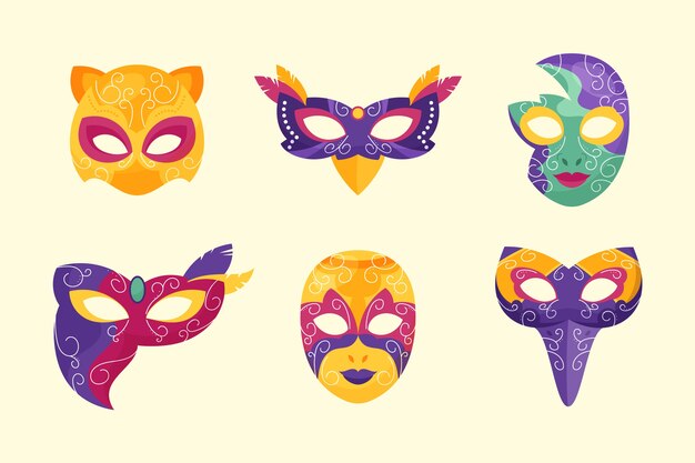 Colección de máscaras de carnaval de venecia planas
