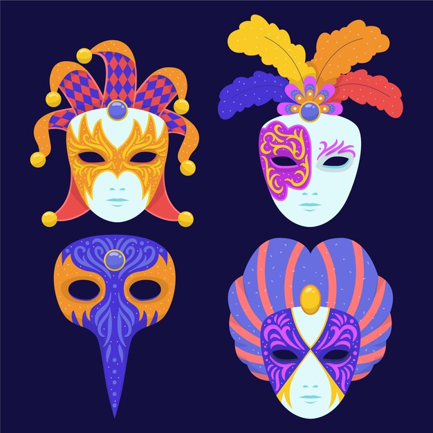 Colección de máscaras de carnaval de venecia planas