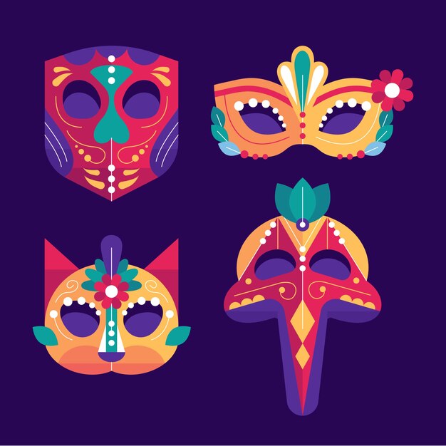 Colección de máscaras planas de carnaval de venecia