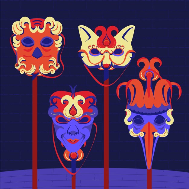 Colección de máscaras planas de carnaval de venecia