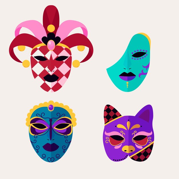 Colección de máscaras planas de carnaval de venecia