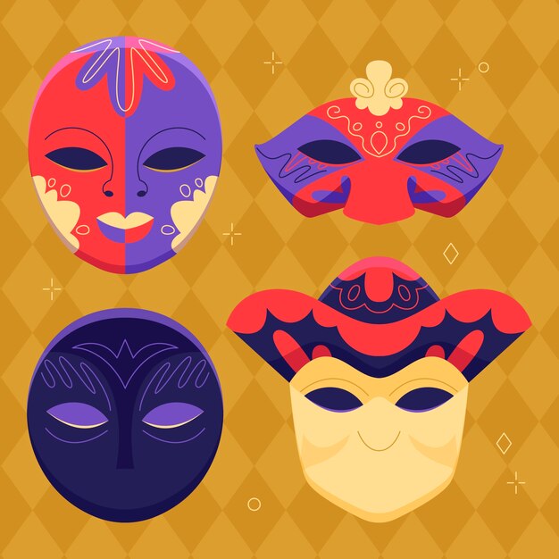 Colección de máscaras planas de carnaval de venecia