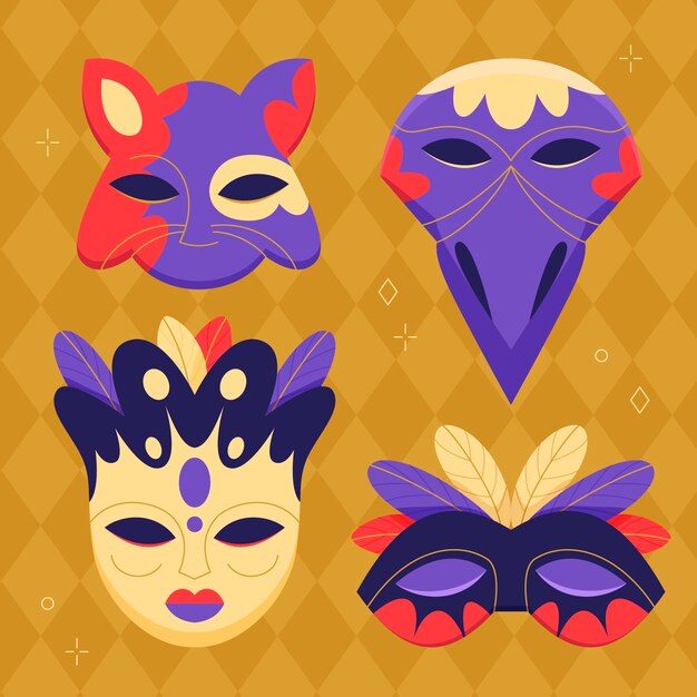 Colección de máscaras planas de carnaval de venecia