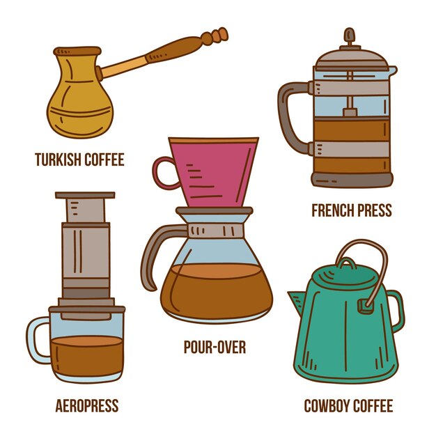 Colección de métodos de elaboración de café dibujados a mano