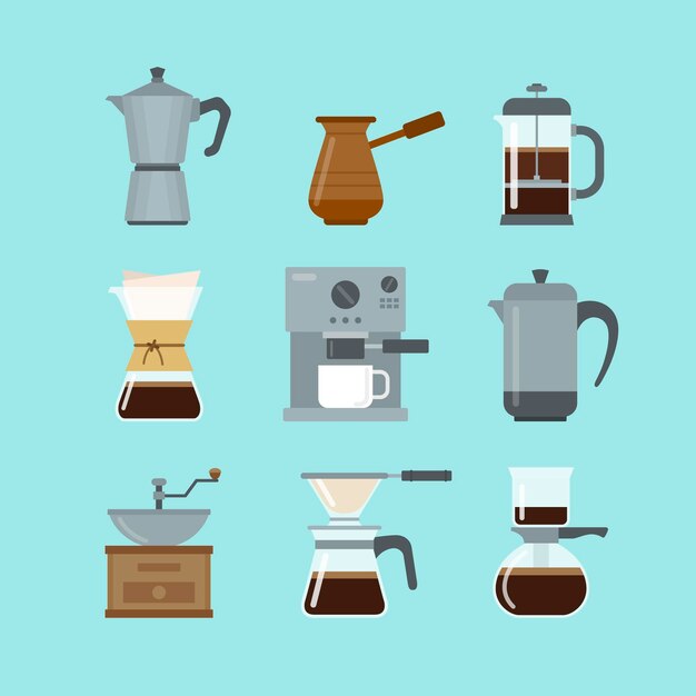 Colección de métodos de elaboración de café de diseño plano